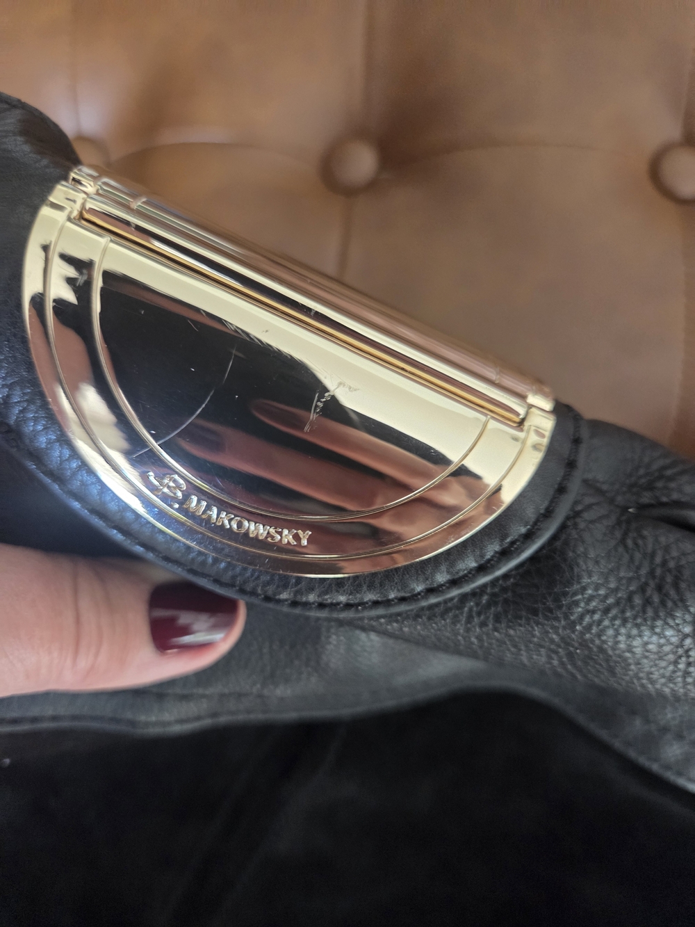 b. makowsky Black Suede & Leather Shoulder Bag with Gold Accents - Picture 10 of 14
